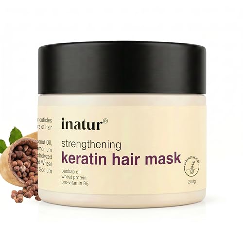 Image of inatur Keratin Hair Mask | Strengthening & Nutri-Repair Mask for Damaged & Color-Treated Hair | Control Frizz & Restores Smoothness | With Baobab oil, Wheat Protein & Pro-Vitamin B5 | 200g