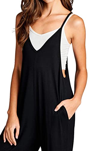 Loving People Women's Solid Spaghetti Strap V Neck Loose Fit Capri Jumpsuit, Small, Black #TOP6