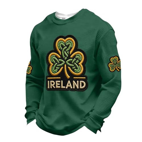 Men's St Patrick's Day Shirt,St Patricks Day Shirt Men Waffle Long Sleeve Shamrock Irish Saint Pattys Tops Plus Size Crewneck Casual Sweatshirts(3X-Large,Greens)