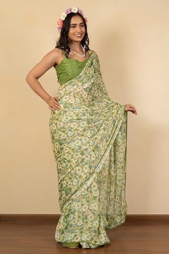 Image of MIRCHI FASHION Women Saree Floral Print Chiffon | Lightweight Festive Occasion Sari for Farewell and Functions with Unstitched Blouse Piece
