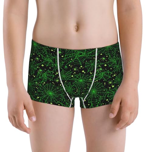Boys' Cotton Boxer Brief Soft Underwear-Green Bright Web With Spiders