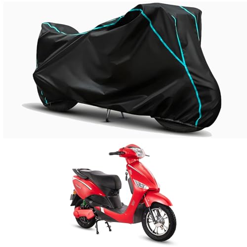 Image of Waterproof Bike Body Cover Compatible for | Hero Electric Optima CX Dual | Taffeta Fabric, Sky Piping Design, Bottom Elastic Fit | Dustproof, Sun UV & Rain Protection for All Weather.