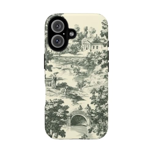 Coque rigide iPhone 16 mate verte motif toile de Jouy pastorale