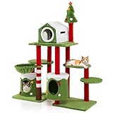 PETSITE 58 Inch Cat Christmas Tree, Multi-Level Cat Tower with 3 Cat Condos, Cat Self Groomer, Side Basket, Faux Christmas Tree, and Anti-Tipping Kit, Christmas-Themed Cat Tree for Indoor Cats