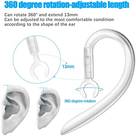 PChero 5pcs 6mm Bluetooth Headset Hook Clips Silicone Wireless Hands-free Headphone Ear Hooks Replacement with 360° Rotation & 13mm Extension + 3pairs Earphone Silicone Earbuds (L/M/S: 13/12/11mm)