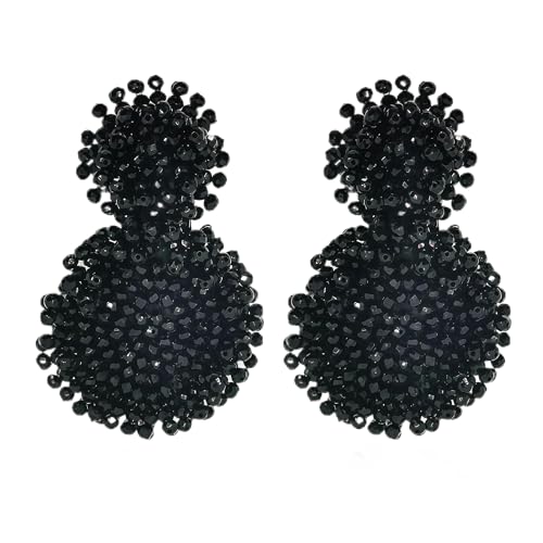 Black Beaded Statement Round Drop Earrings for Women Handmade Chunky Cluster Dangle Earrings Lightweight Fashion Jewelry for Party Wedding Prom Daily Wear by VIEKYBUTTY - Used condition - US$10.57