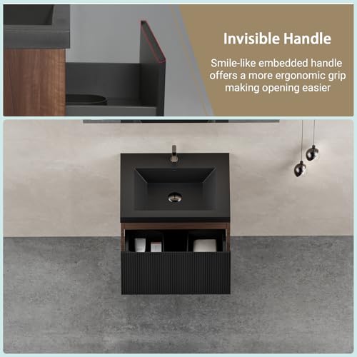 Image of Wall Mounted Bathroom Sink Vanity, Modern 24 inch Floating Vanity with Resin Top Basin Sink and U-Shaped Soft-Close Storage Drawer, Striped Bathroom Storage Cabinet with Invisible Handle, Black