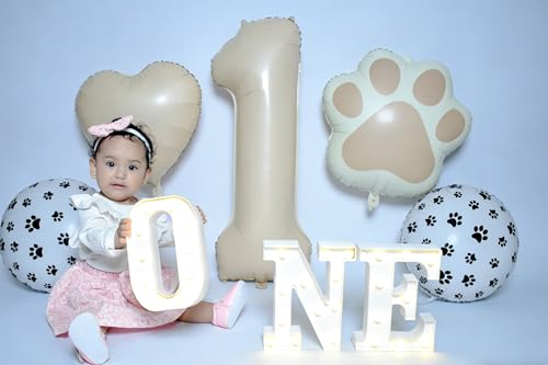 Image of 1st Birthday Dog Paw Balloons Set,18'' Paw Prints, Heart,Star,Paw Shaped Foil Balloon 40 Inch Cream Number 1 Helium balloons for Puppy Themed Baby Shower First Birthday Party Decorations Supplies 6PCS