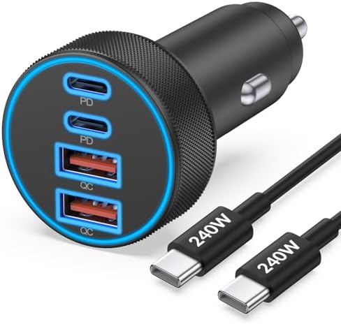 iPhone 17 16 15 Car Charger Fast Charging, 90W 4-Port USB C Fast Car Charger Cigarette Lighter Adapter with 240W 3FT USB-C Cable for iPhone 17/Air/17 Pro/16/15 Pro Max/Plus/16e, iPad, Galaxy, Android