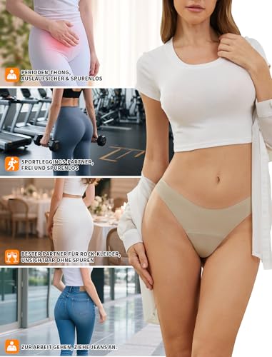PoseFree Perioden String Tanga 3er Pack - Damen Menstruationsunterwäsche bei Leichter Blutung | Nahtlos & Atmungsaktiv für Sport und Täglichen Komfort Größe L