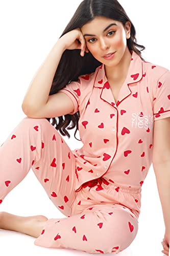 Image of ZEYO Women's Cotton Heart Printed Night Suit Set of Shirt & Pajama Set 5250 (Available in Plus Size)