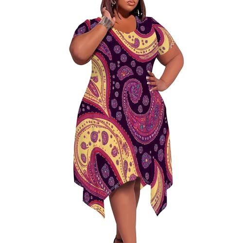 Image of Womens Summer Plus Size Crewneck Midi Dress Short Sleeve High Waist Dresses A Line Smocked Sundress with Pockets