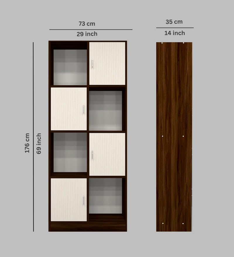 Image of SPECIALITY PANELS 8 Cube Bookshelf with Doors, Brown and Cream, 73x35x176 cm, Modern Display Storage Unit with Carpenter Assembly