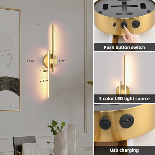 Image of Battery Operated Wall Sconce Set of 2,Gold 23.6 inch 3000K-6500K LED Dimmable Wall Sconces with Remote Control,Wireless Wall Light USB Rechargeable for Bedroom Hallway Living Room Background Wall Lighting