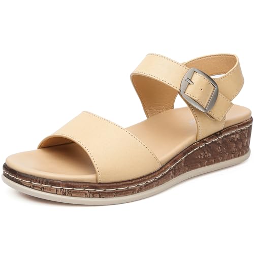 DimaiGlobal Women's Low Wedge Sandals with Arch Support Open Toe Platform Beach Shoes for Summer Comfortable Walking Sandals Dressy Casual 5.5UK Beige