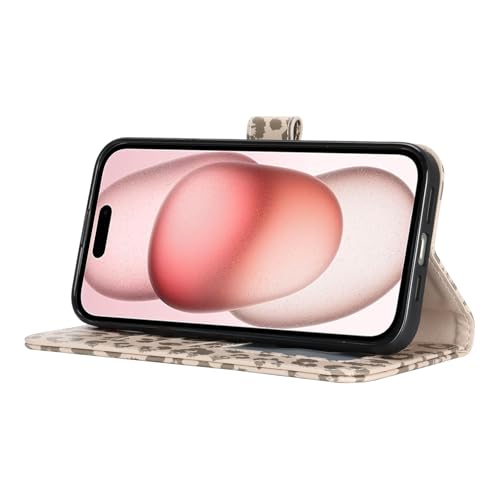 Image of for iPhone 15 Case Wallet with Card Holder,for iPhone 15 Wallet Case for Women Men,PU Leather Shockproof Magnetic Buckle Stand Flip Phone Case-Beige Leopard