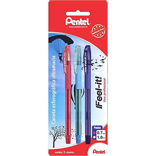 Pentel Caneta Esferográfica Feel It 0.7mm Kit 3 Unidades Tintas Rosa. Azul e Violeta SM/BX487-PSV