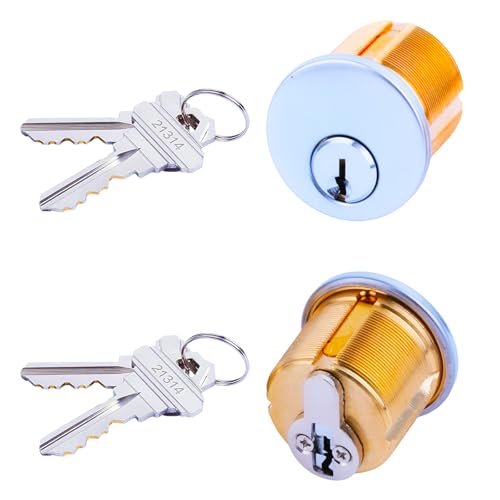 2Pcs Brass Mortise Door Cylinder Locks Keyed Alike with 4 SC Keyway Keys, Commercial Door Replacement Lock Mortise Cylinder for Adams Rite, Kawneer, and Vistawall deadbolts (1 inch-Silver)