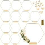 12 Pack Hexagonal Floral Hoops with Stand 12 Inch Metal Rings for DIY Centerpiece Table Decorations Crafts Macrame Ring Hoops Dream Catcher Rings Wedding Birthday Wreath Craft Hoops with Holder, Gold