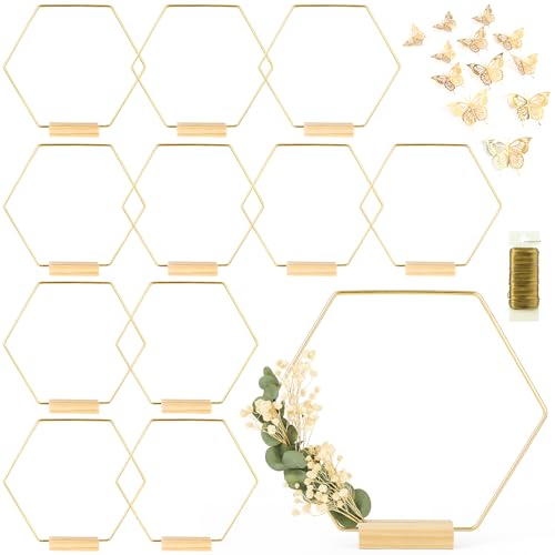 12 Pack Hexagonal Floral Hoops with Stand 16 Inch Metal Rings for DIY Centerpiece Table Decorations Crafts Macrame Ring Hoops Dream Catcher Rings Wedding Birthday Wreath Craft Hoops with Holder, Gold