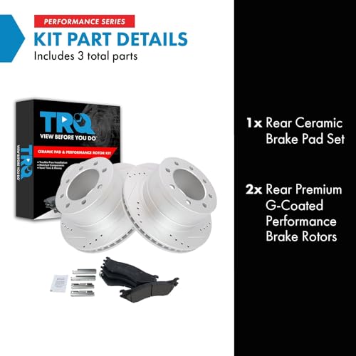 Image of TRQ Rear Brake Pad and Rotor Set Ceramic G Coated Drilled Slotted Vented Rotors Compatible with 2006-2008 Dodge Ram 1500 2003-2008 Ram 2500 Ram 3500