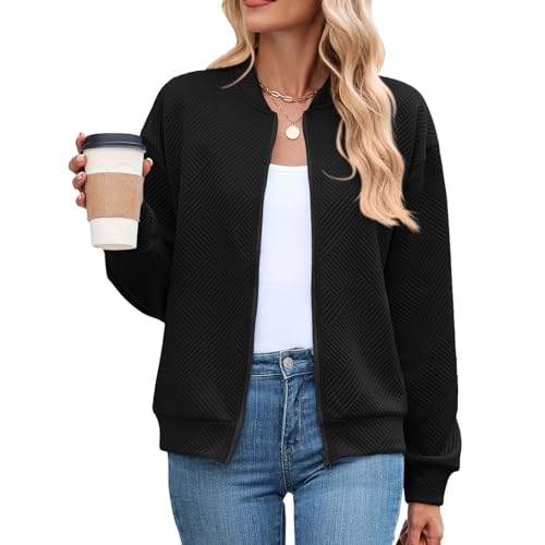 La mejor selección de Sudaderas sin capucha para Mujer favoritos de las personas. 46 chamarra ligera con cierre para mujer, sin capucha, con cierre, color sólido, informal, para primavera, otoño e invierno, Negro -, XX-Large