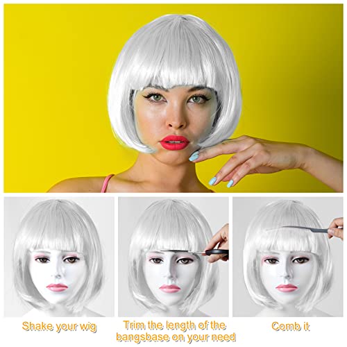 Image of PLULON White Bob Wig and Sunglass Set, Neon Short Bob Wig Sunglass Pack Costume Colorful Cosplay Wig Hairpieces for Bachelorette Neon Party Favors, Halloween Decorations (Pack of 3)