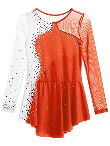 Jeatha Kids Girls Rhinestone Mesh Splice Figure Ice Skating Ballet Dance Gymnastics Leotard Dress Dancewear Orange E 8 Years #TOP2