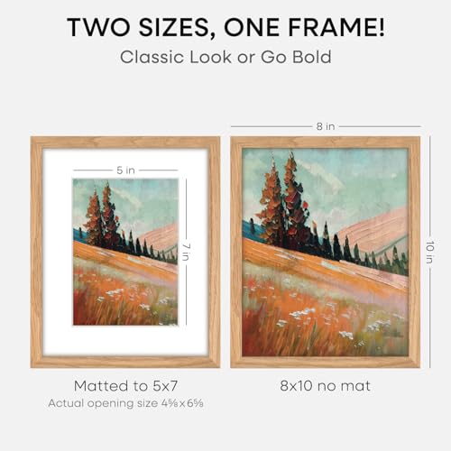 Image of Homeforia 8x10 Natural Oak Picture Frame, High-End Wood, 5x7 Mat, Glass | High End Solid Oak Wood, Tempered Glass, Acid-Free 5x7 Removable Mat, 8x10 Edge-to-Edge Display 10x8, Wall Kit, Set Of 1