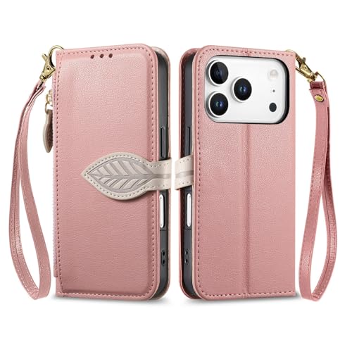 Coque iPhone 17 Pro Max or rose à sangle pour garder les mains libres en balade