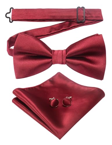JEMYGINS Mens Burgundy Bow Tie Pre-tied Silk Bowtie and Pocket Square Cufflink Set (4)