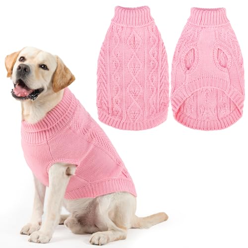 Image of PUPTECK Dog Sweater, Turtleneck Warm Knitted Pullover Coat, Thick Cable Knitwear Clothes in Winter, Pet Apparel Outfits for Large Dogs, for Cold Weather Indoor & Outdoor, Pink L