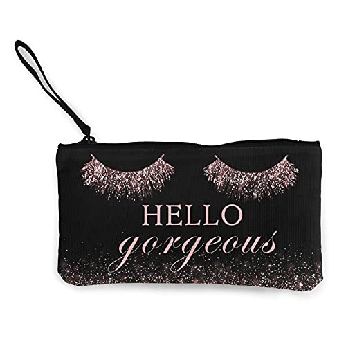 Hello Gorgeous Cosmetic Bags for Women, Small Glittering Pink Eyelash Makeup Pouch, Portable Roomy Pencil Case with Sleek, Travel Storage Accessories Gifts for Mom, Wife, Her, Bestie