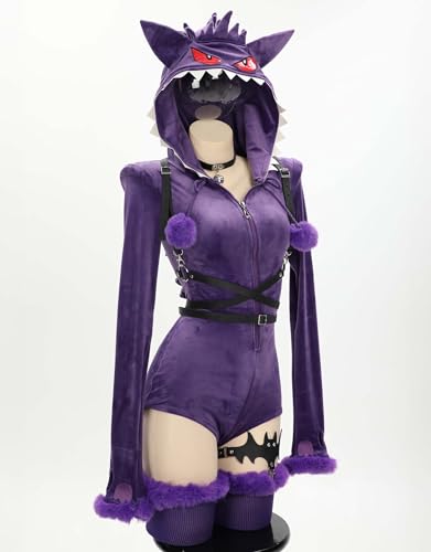 MEOWCOS Women Bodysuit Onesie Pajamas Romper Bodysuit Plush Hooded and Socks with Belt and Tail2