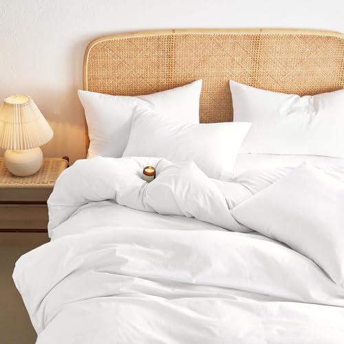 Wake In Cloud - Cotton Duvet Cover Set, Queen Size, White, 100% Washed Cotton, Linen Like Textured, Breathable Percale Durable Comfy Farmhouse Neutral Bedding Set, 3 Pieces - Thumbnail 4