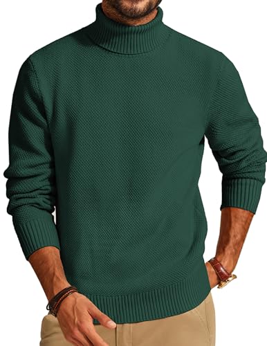 PJ PAUL JONES Men Turtleneck Sweater Cable Knit Chunky Fall Winter Ribbed Solid Pullover Shirt Dark Green