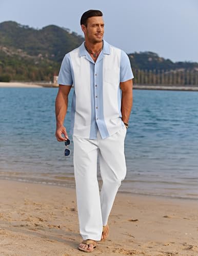 Image of COOFANDY Men 2 Piece Linen Outfit Beach Button Down Shirt Casual Loose Pant Sets