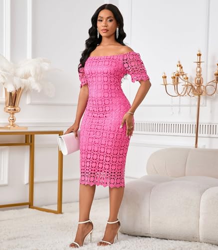 Image of Cololura Elegant Sexy Floral Lace Short Sleeve Off Shoulder Evening Gown Party Formal Bodycon Midi Dress
