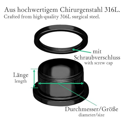 Treuheld® | 5mm Ohr Flesh Tunnel | Schwarz | Chirurgenstahl 316L | Damen und Herren | mit Gewinde - Schraubverschluss/zum Schrauben
