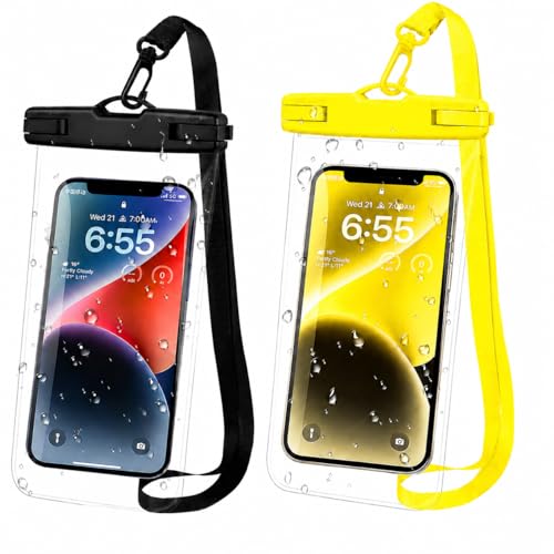 Image of Waterproof Phone Pouch, IPX8 Universal Waterproof Phone Case Dry Bag with Lanyard for iPhone 14 13 12 11 Pro Max XR X XS SE 8 Plus Samsung S23 S22 Ultra S21 S10 S9 up to 7 inch (Black and Yellow)