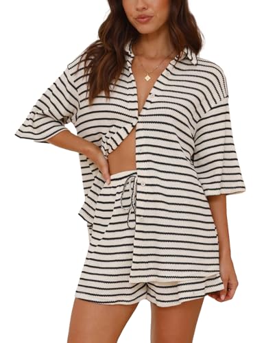 Image of Shiyifa Womens Summer 2 Piece Shorts Sets Polo Neck Short Sleeve Top High Waist Shorts Knit Lounge Striped Outfits
