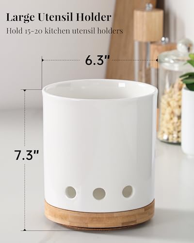 Image of LoeJan 7.3 inch 360 Rotating Ceramic Utensil Holder for Kitchen Countertop - Cooking Utensil Crock Organizer with Non-Slip Cork Base for Farmhouse Kitchen Decor, White
