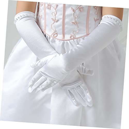 Beaupretty White Flower Girl Gloves with Pearl Decor Long Satin Dress Gloves for Weddings Parties and Pageants3