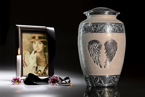 Image of Cremation Urns for Human Ashes Adult Female and Male - Large Decorative Burial Funeral Urn with Angel Wings Design, Pearl White