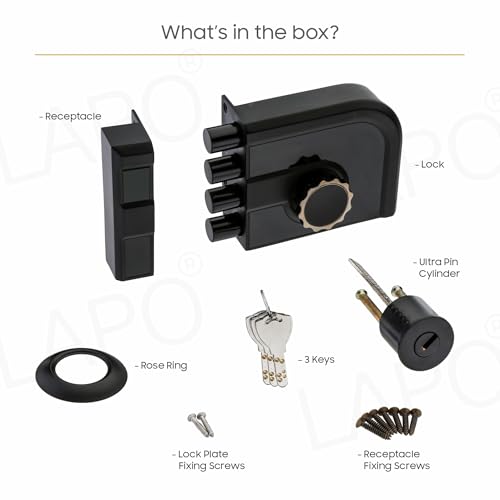 Image of LAPO Mega Bolt Main Door Deadbolt Lock, Heavy Duty Four Bullet Security Door Lock, One Side Key Mechanism, Universal Fit for Right & Left-Hand Wooden Doors, 3 Years Warranty(Black Finish)