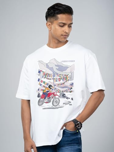 Image of T-Shirt for Men - 100% Cotton Ladakh Motorcycle Rider Half Sleeve Round Neck Graphic Print | Regular & Oversized Fit | 180 /220 GSM | S-5XL | Black, Navy Blue, Olive, Red, White