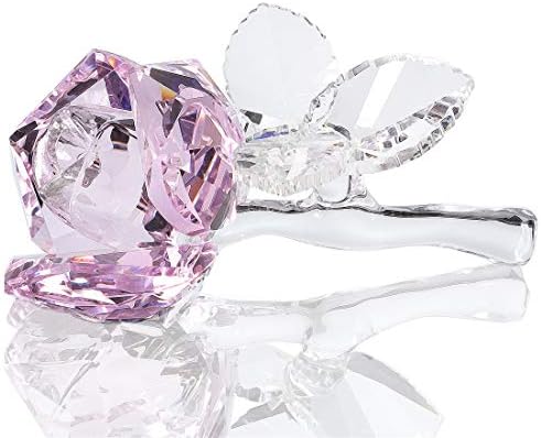 Crystal Rose Flower,Glass Rose Paperweight Figurine Collectible Statue Wedding Table Centerpiece Ornament,Pink Rose