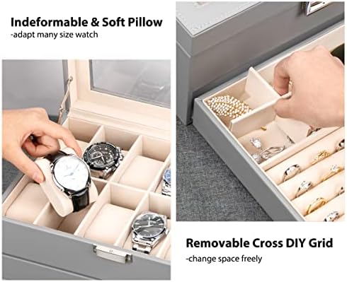 Voova 12 Slots Watch Box Organizer for Men Women,Mens Jewellery Box Watch Holder Display Case with Sunglasses Jewelry Drawer,PU Leather Watch Storage Boxes with Acrylic Glass Lid and Pillow,Grey