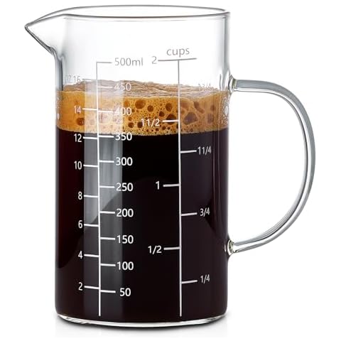 500ML 2 CUP Glass Liquid Measuring Cup With Handle, High Borosilicate Glass Three Scales (OZ, Cup, ML/CC) for Kitchen or Restaurant, V-Shaped Spout Glass Measuring Beaker, Easy To Read Cover