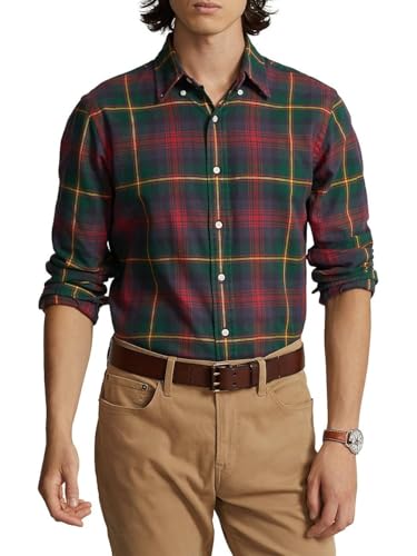 POLO RALPH LAUREN Chemise Oxford classique à manches longues pour homme, (Collection 2024) Plaid Vert/Rouge, Taille L